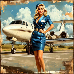  a young, beautiful flight attendant in a sweet, classic blue uniform with a slightly short dress, smiling next to the aircraft. AI generative.