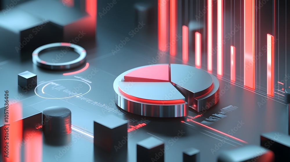 Poster cute isometric 3d image of 3d pie chart and bar chart in realistic metallic silver illuminated by ne