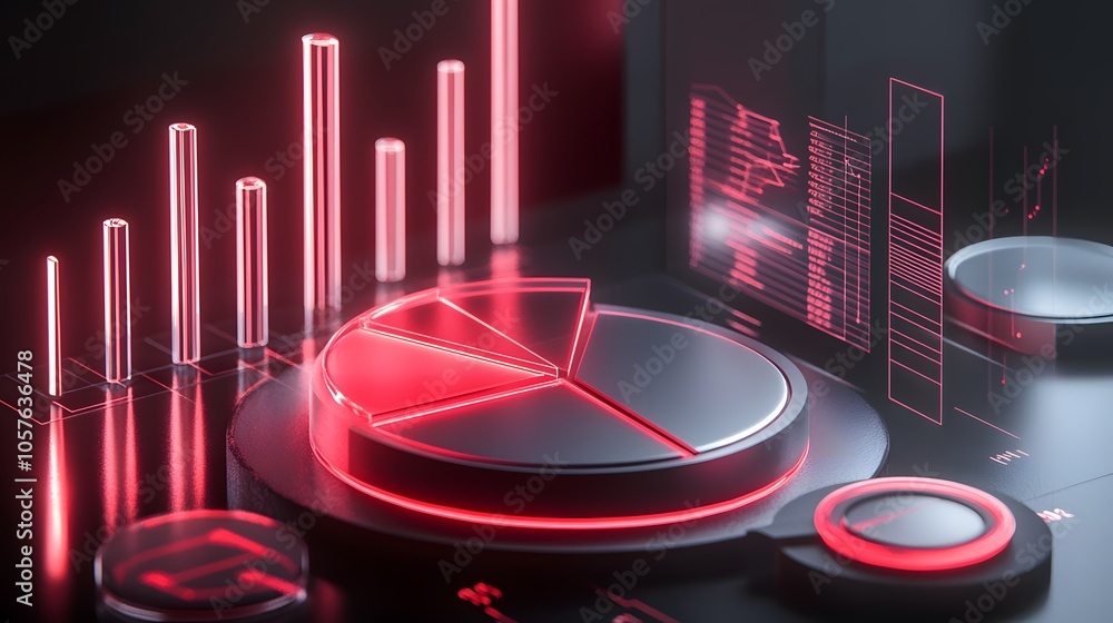 Poster cute isometric 3d image of 3d pie chart and bar chart in realistic metallic silver illuminated by ne