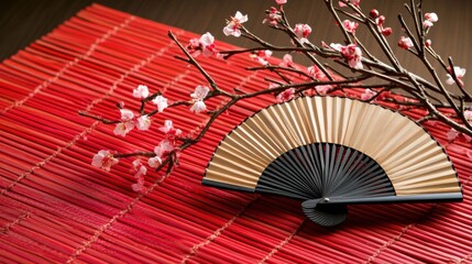 Elegant fan and cherry blossoms on a red mat in tranquil setting