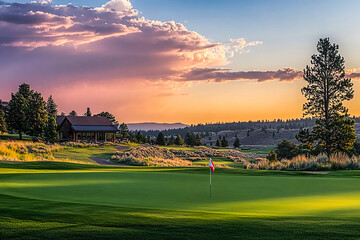 Scenic Golf Course Fairway with Flag at Golden Hour, Wide Shot with Beautiful Sky and Trees