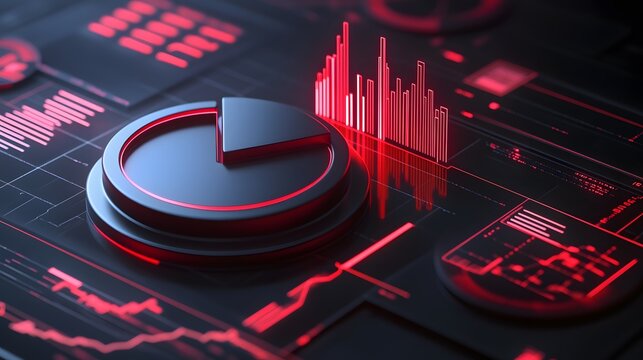 Cute isometric 3D image of 3D pie chart and bar chart in realistic metallic silver illuminated by neon red. add floating, transparent charts and circular measurement tools. ensure perfect shapes and p - Powered by Adobe