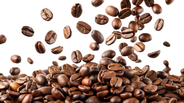 It has roasted coffee beans on a transparent background. The concept of coffee, a tasty and tart drink.