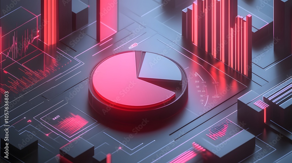 Poster Cute isometric 3D image of 3D pie chart and bar chart in realistic metallic silver illuminated by neon red. add floating, transparent charts and circular measurement tools. ensure perfect shapes and p
