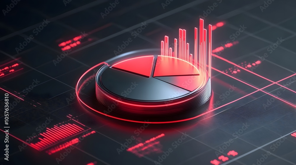 Poster cute isometric 3d image of 3d pie chart and bar chart in realistic metallic silver illuminated by ne