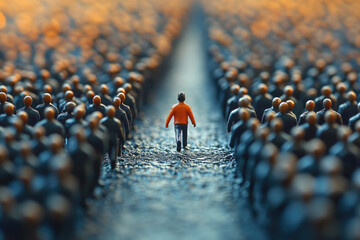 Lone figure in orange amidst crowd: embracing individuality in a conformist world