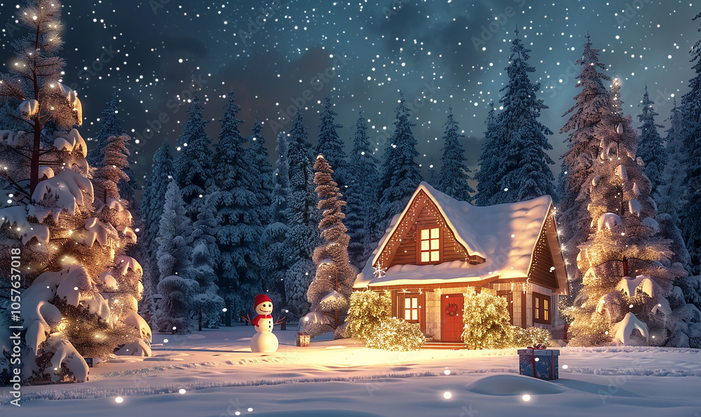 Poster a snowman stands in front of a house with a red door and a wreath on it. the scene is set in a snowy