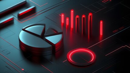 Cute isometric 3D image of 3D pie chart and bar chart in realistic metallic silver illuminated by neon red. add floating, transparent charts and circular measurement tools. ensure perfect shapes and p