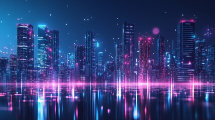 A city skyline is lit up in neon colors, creating a futuristic