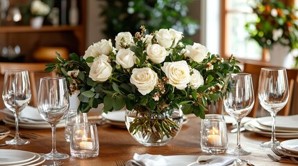 Fototapeta premium Elegant White Roses in a Vase on Dining Table