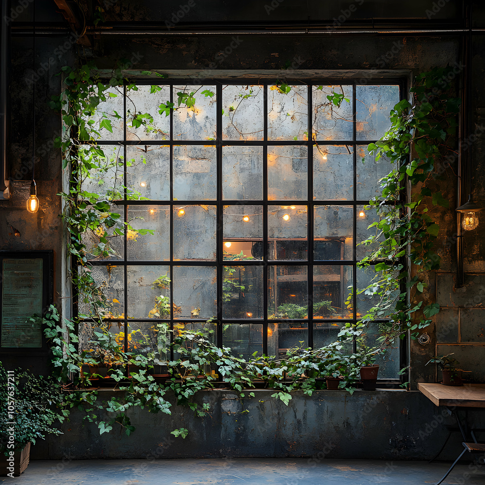 Poster industrial-style window with large metal frames in modern architecture
