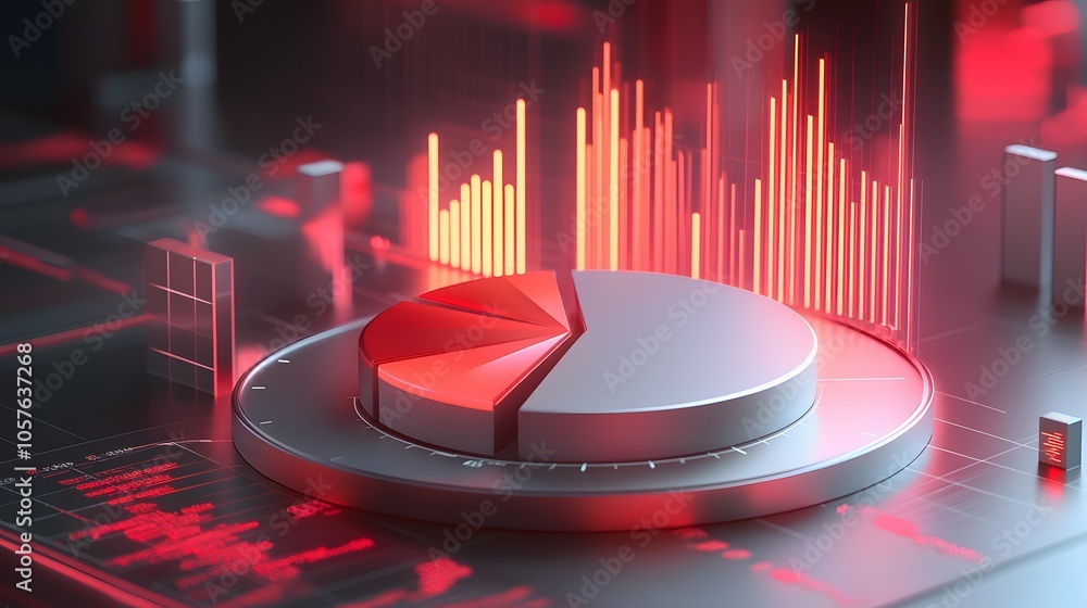 Poster cute isometric 3d image of 3d pie chart and bar chart in realistic metallic silver illuminated by ne