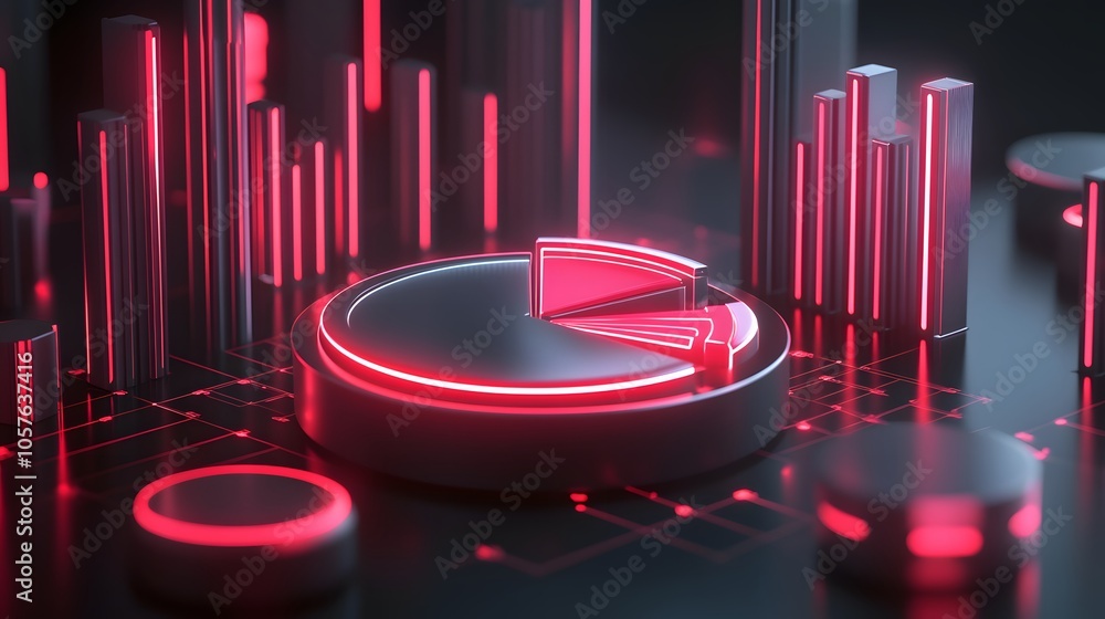 Poster cute isometric 3d image of 3d pie chart and bar chart in realistic metallic silver illuminated by ne