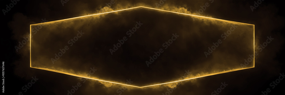Poster an abstract design featuring a glowing neon gold hexagon surrounded by soft smoke on a dark backgrou