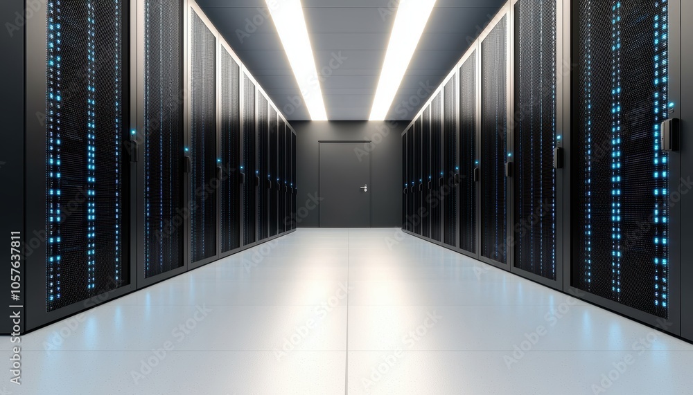 Poster high-tech data tunnel filled with blue led lights, glowing network lines, endless depth effect, repr
