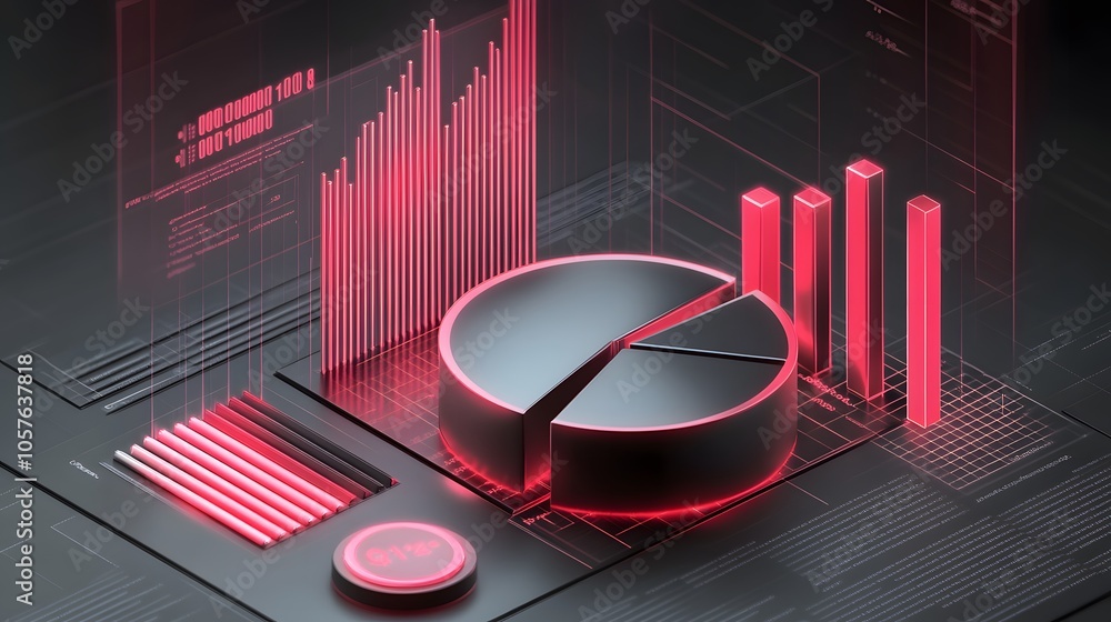 Aufkleber cute isometric 3d image of 3d pie chart and bar chart in realistic metallic silver illuminated by ne