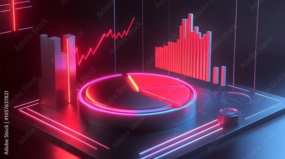 Poster cute isometric 3d image of 3d pie chart and bar chart in realistic metallic silver illuminated by ne
