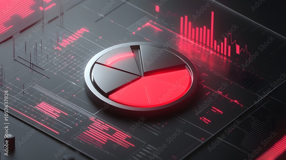 Poster Cute isometric 3D image of 3D pie chart and bar chart in realistic metallic silver illuminated by neon red. add floating, transparent charts and circular measurement tools. ensure perfect shapes and p