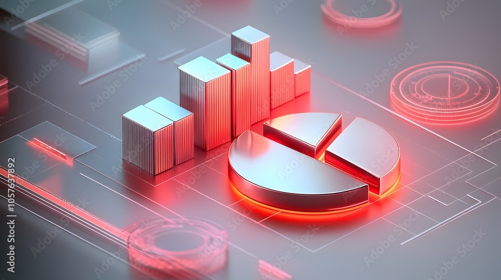 Poster cute isometric 3d image of 3d pie chart and bar chart in realistic metallic silver illuminated by ne