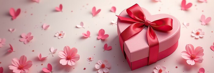 Pink heart gift box with ribbon surrounded by delicate blossoms and petals