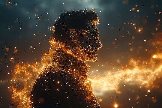 Silhouette of a man in fiery sparks at sunset surreal art - Powered by Adobe