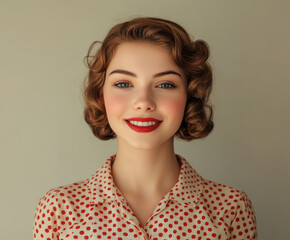 Beautiful young woman with vintage curls, red polka dot blouse, retro fashion, cheerful smile, 1950s style, classic beauty, nostalgic look, timeless elegance