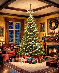 Fototapeta premium Fireplace and Decorated Christmas Tree