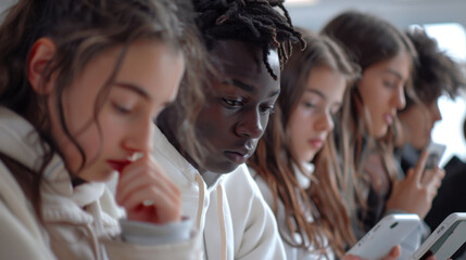 Fototapeta premium Teenagers Engaged with Smartphones in Classroom Setting - Youth Technology Trends and Education Behavior. Generative ai