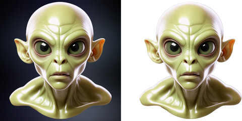 A computer generated image of a green alien with large eyes and a scrunched up face.