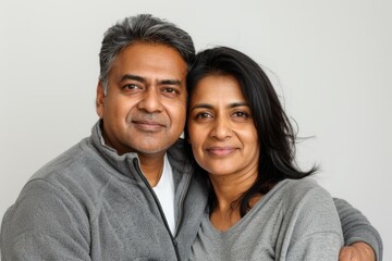 Fototapeta premium Portrait of a satisfied indian couple in their 40s dressed in a comfy fleece pullover in white background
