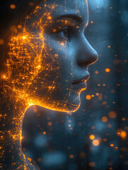 Obraz premium Futuristic digital portrait of a woman with glowing network patterns on her face