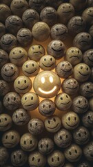 Obraz premium Smiling carved pumpkins with illuminated mouth in center