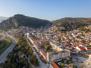 Aerial drone photo of the old city named Berat in Albania.