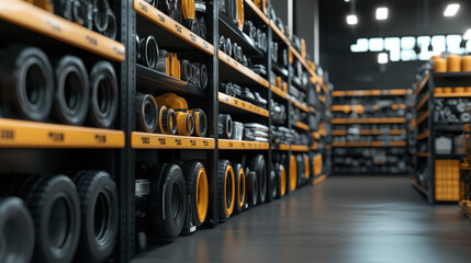 Fototapeta premium Rows of industrial shelves filled with various mechanical parts and components, organized and labeled in a well-lit storage room.