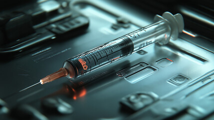 High-Precision Medical Syringe on Sterile Tray in Controlled Environment - Close-Up of Syringe Details, Highlighting Sterility and Safety in a Clinical Setting