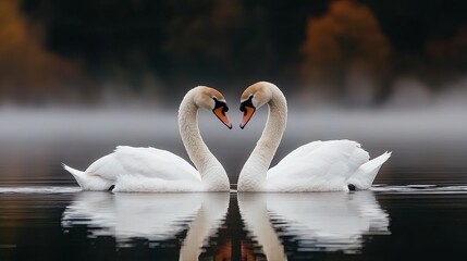 Fototapeta premium Serene Swans Swimming on a Misty Lake