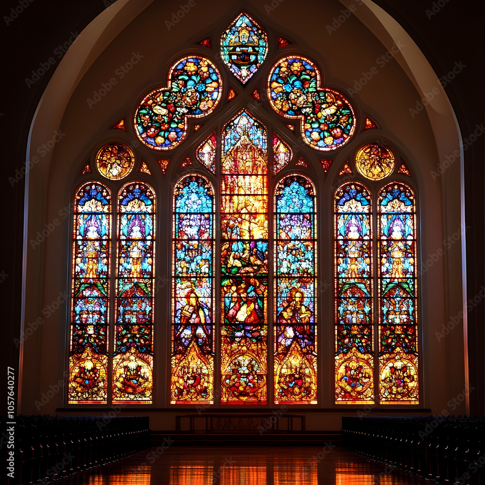 Poster stunning stained glass window featuring colorful designs and intricate patterns in a serene setting