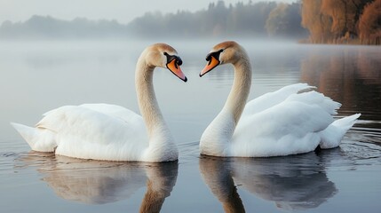 Fototapeta premium Elegant Swans on a Misty Lake at Dawn