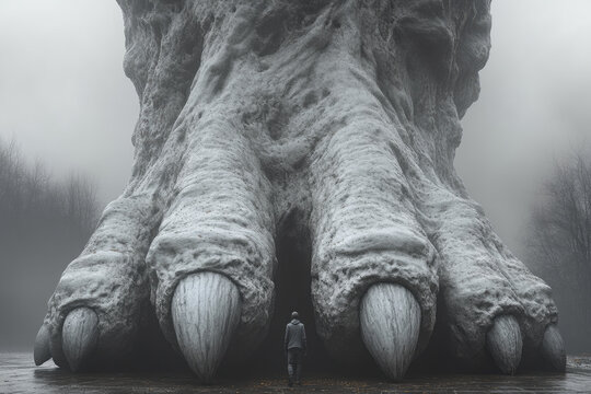 Giant creature claw in foggy forest with lone figure for fantasy adventure visuals