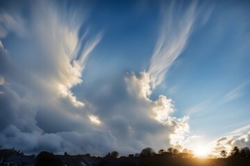 Bright morning sky with streaks of sunlight breaking through fluffy white clouds blue sky, AI Generated