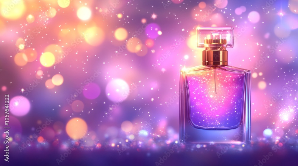 Poster sparkling perfume bottle with colorful background