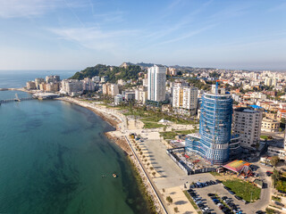 Obraz premium Aerial drone view of the coastal city named Durres in Albania.