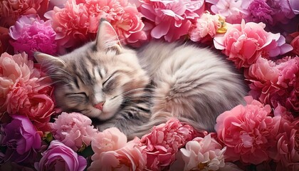  A cat sleeping in a bed of pink flowers. 