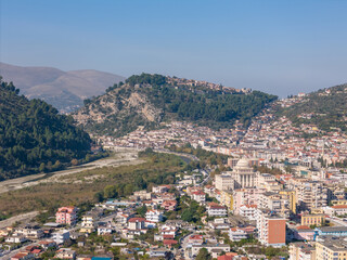 Aerial drone photo of the old city named Berat in Albania.