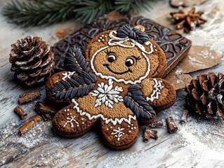 Fototapeta premium Festively decorated gingerbread cookie shaped like a man with icing details and holiday elements