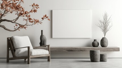 White room with a white wall and a large white picture frame. Mockup.
