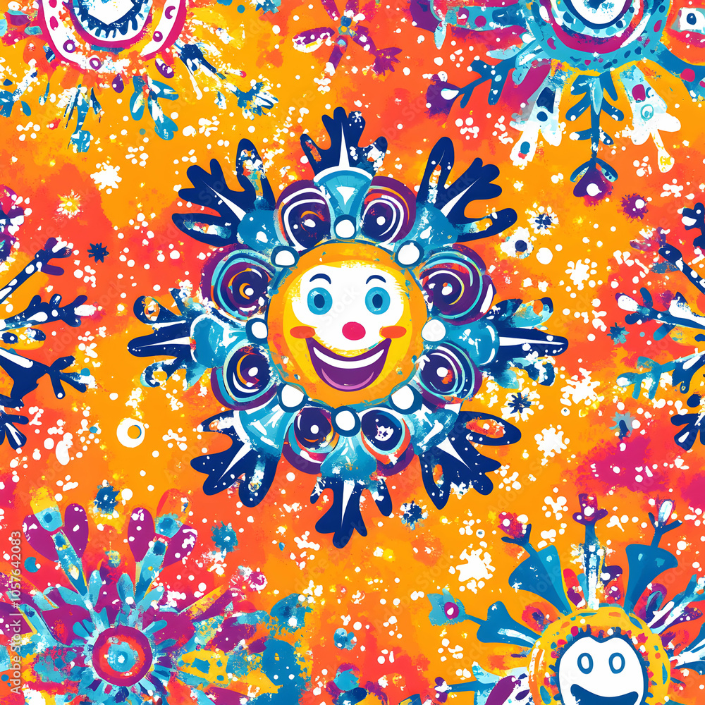 Aufkleber cartoon-inspired snowflake design with playful character elements in a vibrant color palette