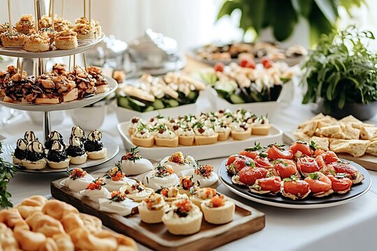Beautifully decorated catering banquet table with different food snacks and appetizers on corporate, christmas, birthday, party event or wedding celebration
