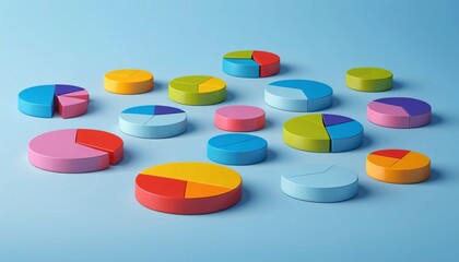 3D pie charts in vibrant pastels colors,  showcase in a blue surface.