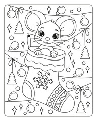 Cute mouse is sitting in a Christmas sock. Black and white vector illustration. Coloring book for children.